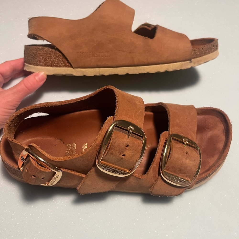 Birkenstock Milano Big Buckle Sandals in Nubuck/Gold - Picture 5 of 10
